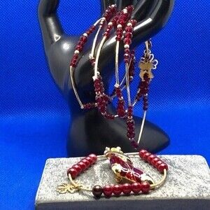 Holiday Red Gold Enamel Brooch Bracelet Set 7pcs